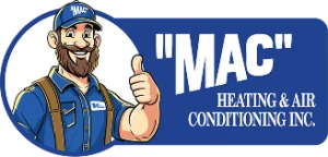 Cartoon man in blue uniform and cap giving a thumbs up next to text: "'MAC' Heating & Air Conditioning Inc.