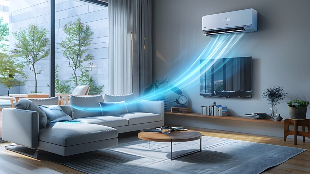 A modern living room with a wall-mounted air conditioner blowing cool air, a white sofa, coffee table, and large windows letting in natural light. air conditioning and heating