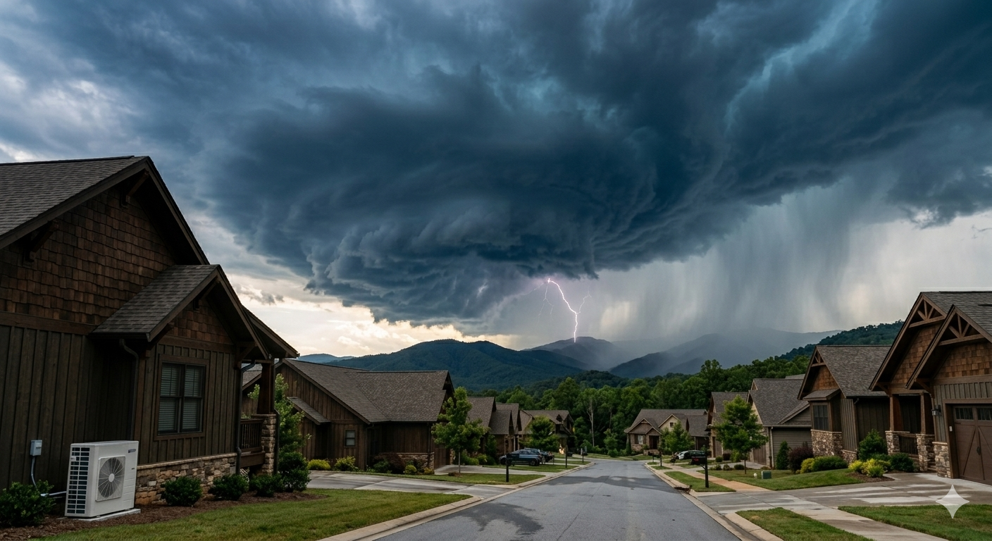 Dark storm clouds gather over a suburban neighborhood as a bolt of lightning strikes near distant mountains, creating a dramatic and intense atmosphere.