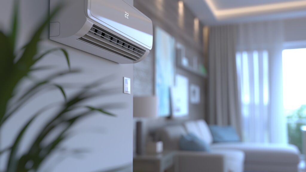 A wall-mounted air conditioner is running in a modern, well-lit living room with neutral decor and a large window with curtains.