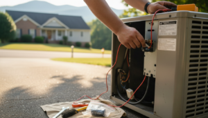 A person repairs an outdoor air conditioning unit on a driveway, with tools and parts laid out on a cloth and a house visible in the background. AC Repair or a Full Replacement